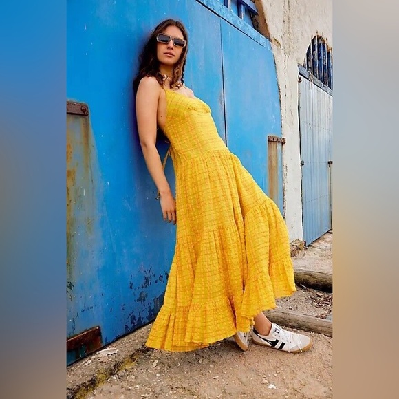 Free People Yellow Maxi Sundress with Ruffled Tiers - Picture 1 of 4